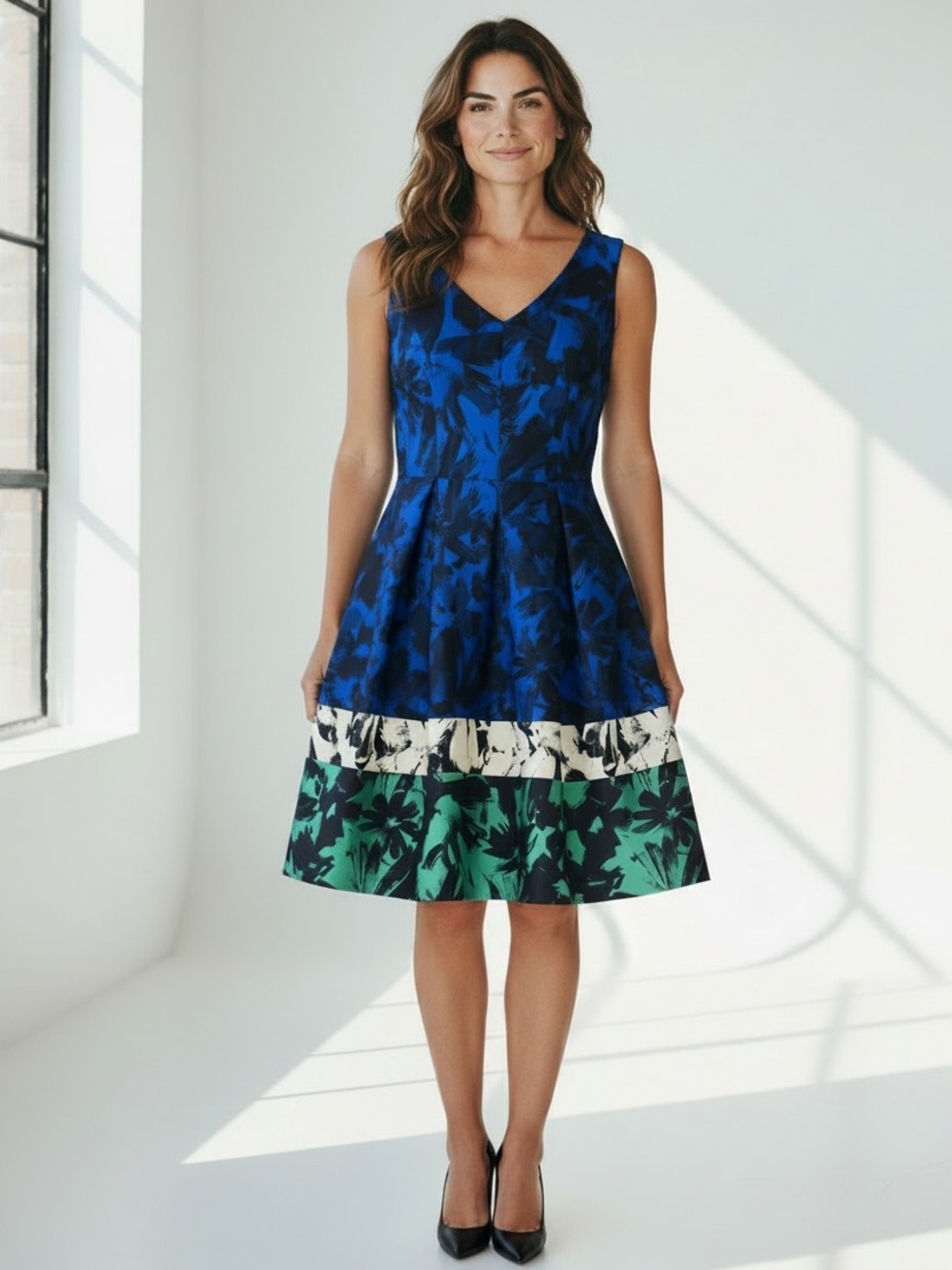 Roz & Ali Blue, Black, White & Green Floral Fit-and-Flare Mini Dress